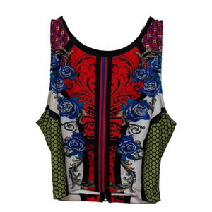 SIZE small blue rain patterned halter top with zipper back